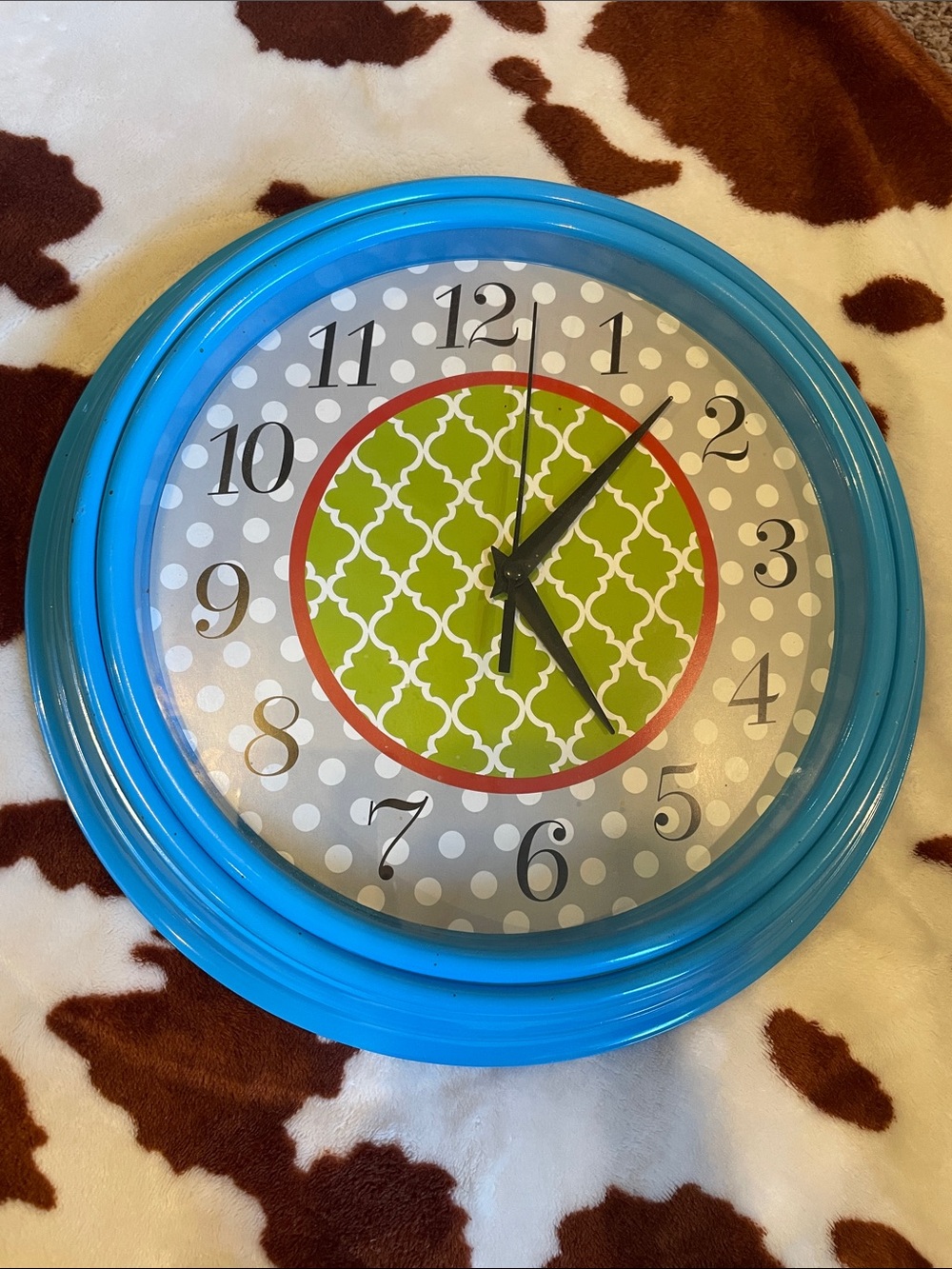 Teal Blue Wall Clock with Green Patterned Center
